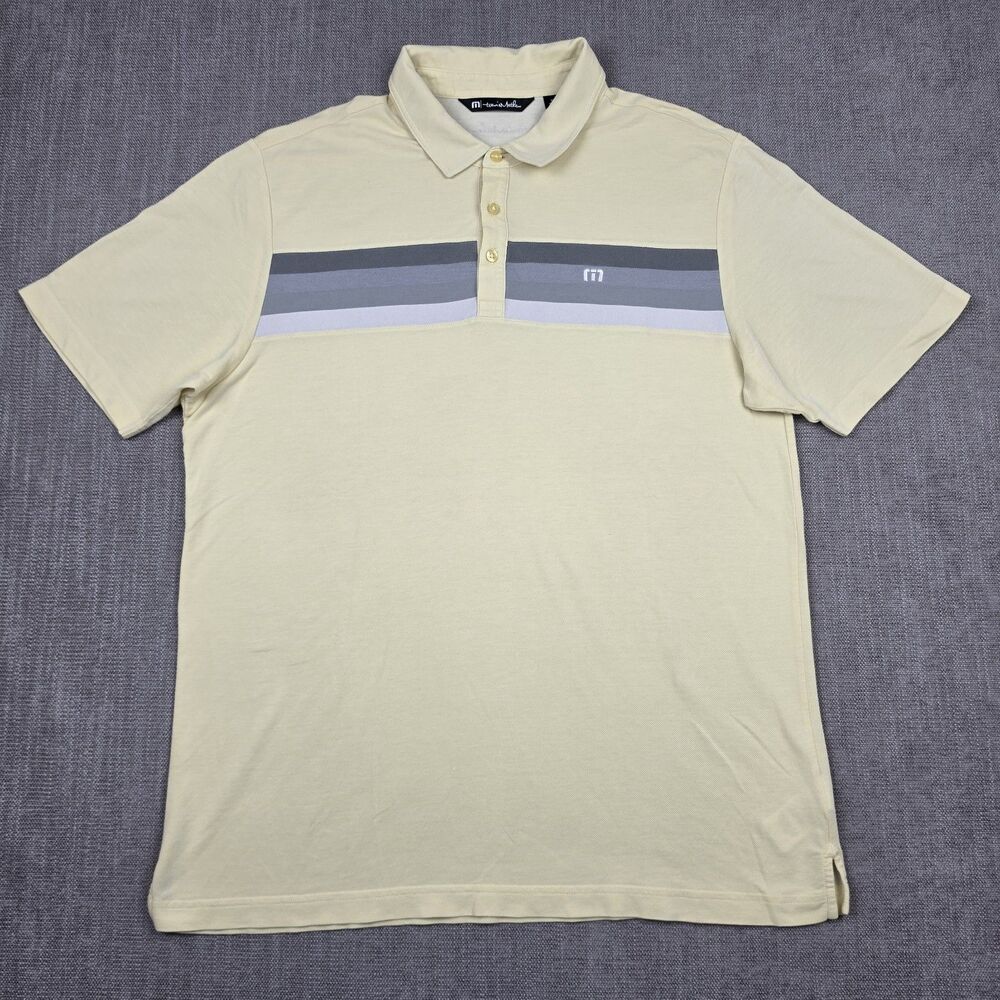 Travis Mathew Mens Polo Shirt XL Yellow Grey Chest Stripe Golf Short Sleeve Pima
